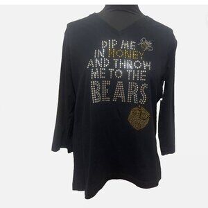 C/A/T Brand Women T-Shirt Black Beaded Bling Dip Me in Honey Cotton 3/4 Sleeve L